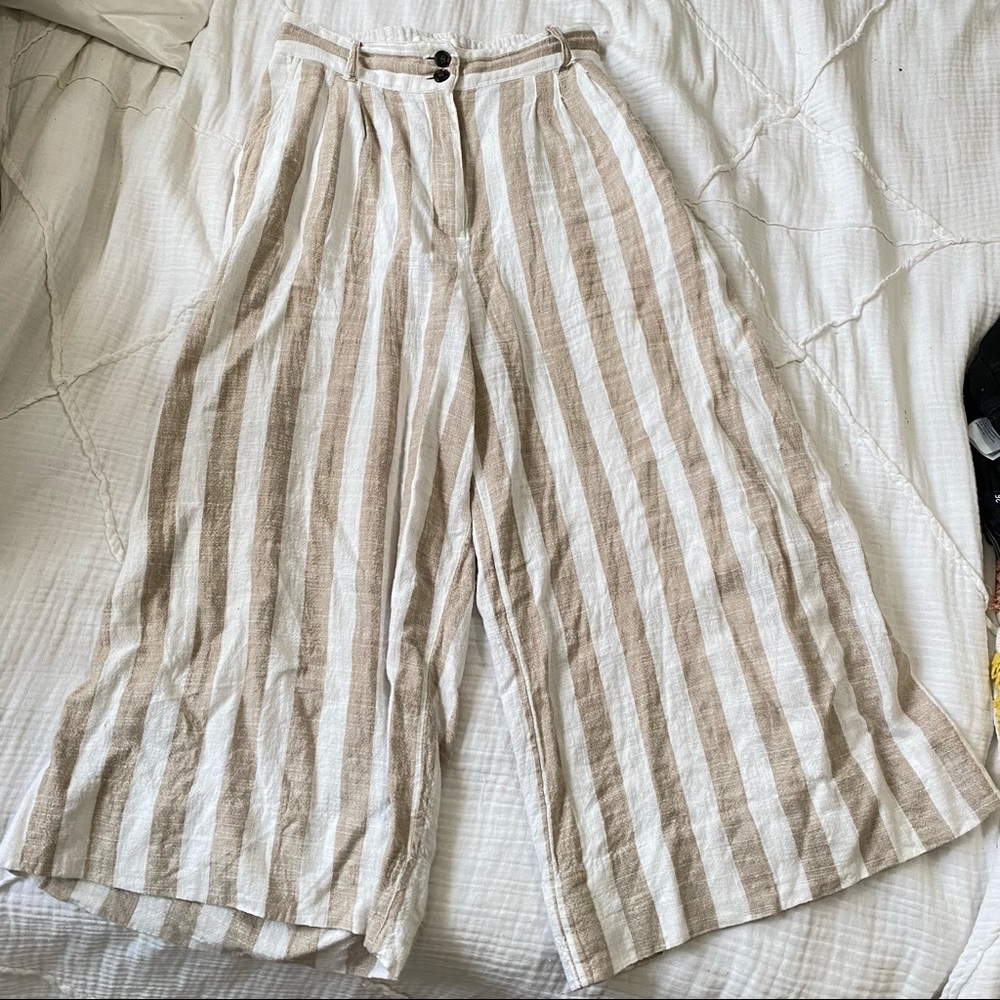Tan and White Striped Wide Leg Cropped Pants